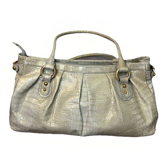Brahmin Purse Leather Croc Golden Pistachio Horizontal Shoulder Bag 14x7 Y2K VTG - Picture 1 of 12
